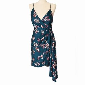 DJ JAZ Green Floral Faux Wrap Mini Dress Cherry Blossom Scuba Cocktail sz 5